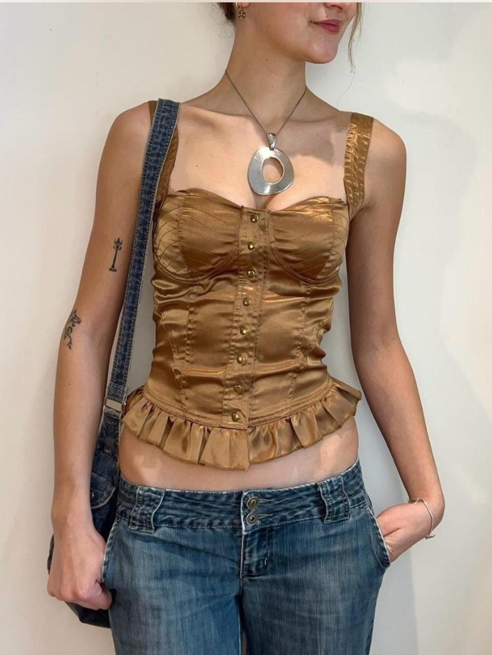 Satin Corset Crop Top with Ruffle Hem in Bronze